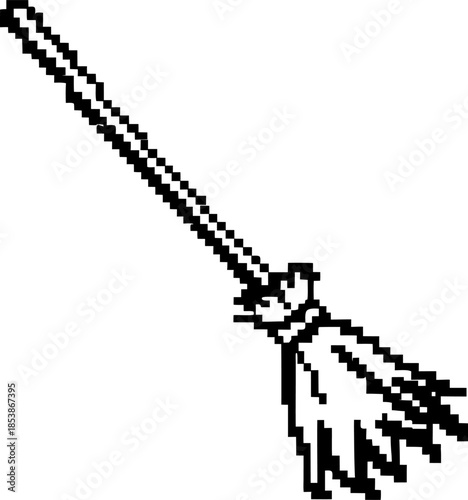Pixel art broom icon, simple cleaning tool illustration with wooden handle and straw bristles for retro game interface design