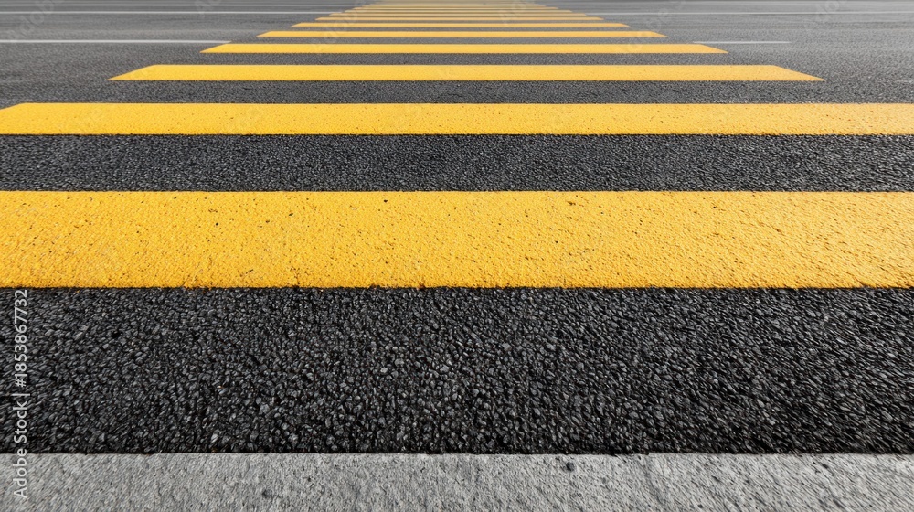 Fototapeta premium yellow pedestrian crosswalk stripes on asphalt road, leading lines perspective