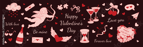 Valentine’s Day greeting banner with romantic elements. 
