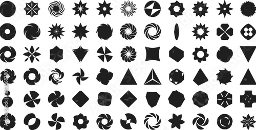 Collection of abstract black geometric shapes, circular, starburst, spiral, polygonal, swirls, icons, design elements, modern, minimalistic, vector symbols