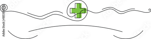 A single continuous black line drawing with a green cross inside an oval, surrounded by wavy patterns and a spiral, isolated on a white background.