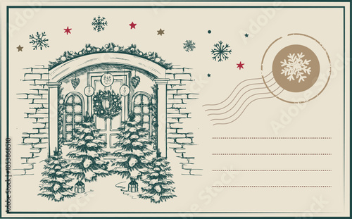 Vintage Christmas and new year postcard with stamps	
