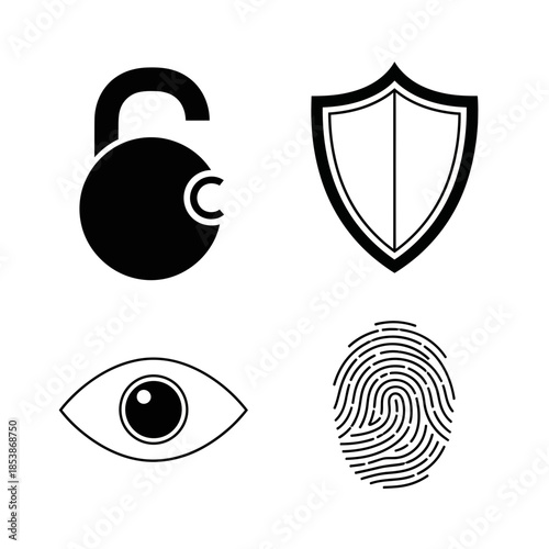 Secure your digital world with these essential security icons representing access, protection, surveillance, and identity verification for a safe online presence.