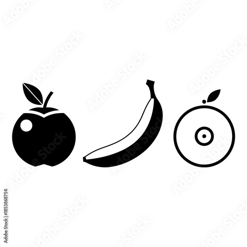 Vibrant black and white icons of apple banana and orange slices offer a clean modern aesthetic for healthy eating and nutrition concepts