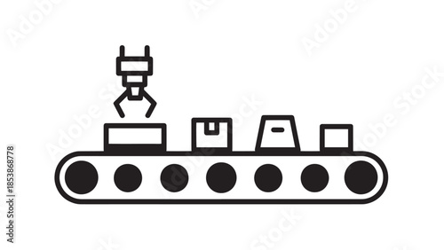 Illustration of a factory conveyor belt transporting boxes under a robotic arm.