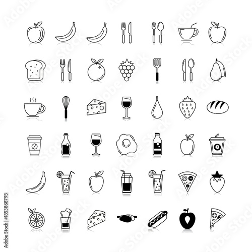 Vibrant collection of diverse food and drink icons perfect for culinary websites, menus, or healthy lifestyle blogs