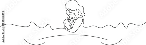 Simple continuous line art illustration of a loving mother tenderly embracing her child, integrated with a flowing horizontal wave pattern and subtle curved elements, isolated on a white background.
