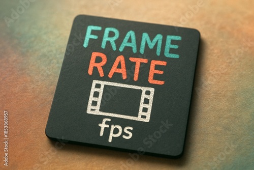 A black square tile displays the words frame rate in colorful letters above a film strip icon and the abbreviation fps