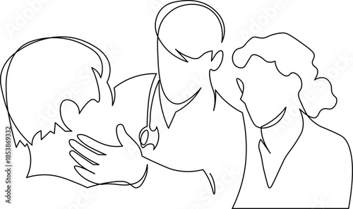 Minimalist continuous line drawing of doctor comforting child with parent nearby, symbolizing healthcare compassion, family support, medical care, and emotional connection.