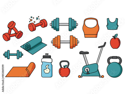 Illustration of fitness equipment and healthy lifestyle items