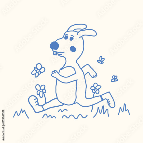 kids drawing rabbit running cartoon character illustration