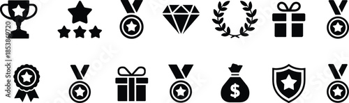 Achievement award icons set trophy medal diamond laurel gift shield money reward symbols flat black vector collection success quality premium business branding design icon