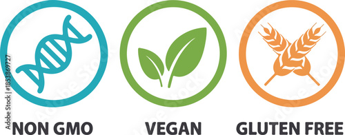 Set of Three Minimalist Dietary Labels for Non-GMO Vegan and Gluten-Free Products in Blue Green and Orange Circular Frames