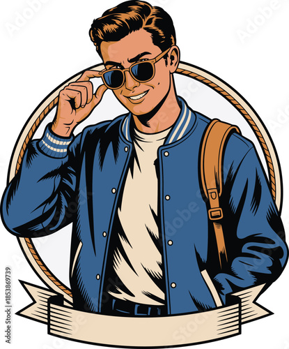 Retro Bad Boy College Student Peeking Over Sunglasses. Vintage Varsity Style Vector Badge Illustration with Backpack and Blank Ribbon.