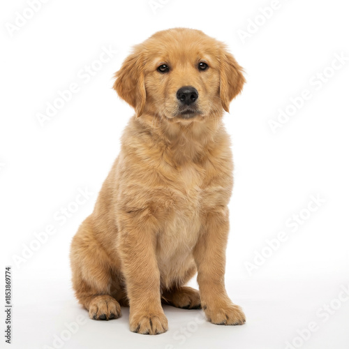 Golden Retriever puppy sitting alert on pure white background