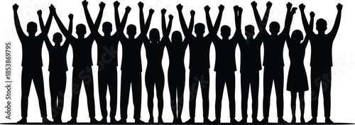 Group of diverse people silhouettes celebrating success together, cheering crowd unity teamwork achievement motivation victory community concept on white background business inspiration 