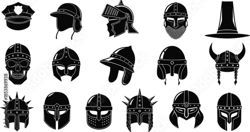 Collection of ancient and modern helmet silhouettes including Viking, medieval, warrior, fantasy, police and combat headgear for illustration and design
