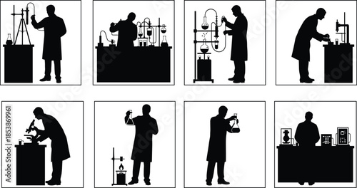 Laboratory scientist silhouette collection, chemist working with glassware equipment, scientific research experiments, chemistry lab workflow icons, black isolated figures on white background