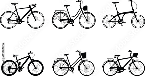 Collection of bicycle silhouettes, various bike types, city bike, mountain bike, folding bike, transportation concept, black vector illustration set