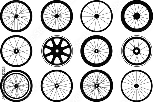 Collection of bicycle wheels, various rim designs, spokes and hubs, black and white vector illustration, bike parts, cycling accessories, transportation components