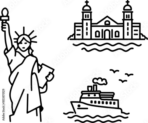 Statue of Liberty and Ellis Island landmarks icons. New York immigration history outline vector.