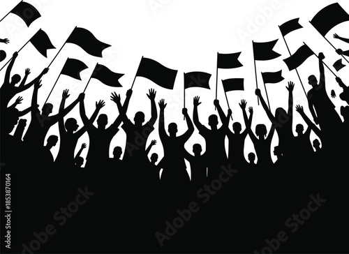 Silhouette crowd protest with raised flags, mass demonstration, political activism, freedom movement, people power, unity, revolution, social justice, election rally, human rights, concept background