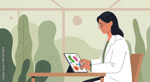 Female scientist analyzing microbiological cultures displayed on a digital tablet screen