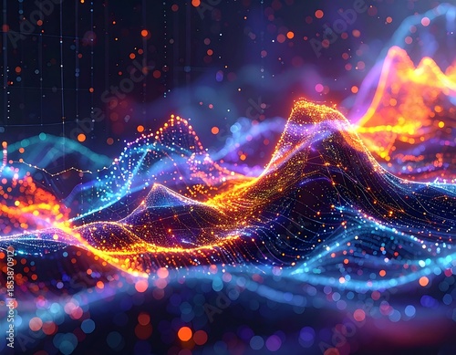 Glowing digital peaks, vibrant blue and orange data representation