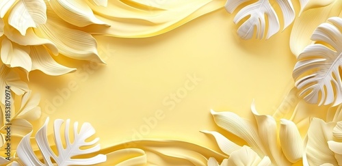 Elegant golden abstract swirl of monstera and palm leaves forming a beautiful oval frame on a warm yellow backdrop