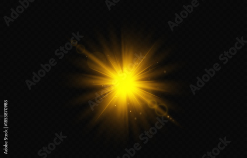 A bright golden optical glow with a lens flare effect. Vector illustration of a sun with radiant rays, soft defocused bokeh, and sparkles, isolated on a dark background. Perfect as a digital overlay.