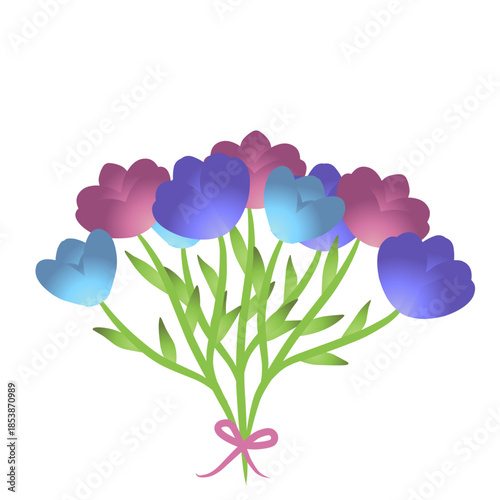 Hand drawn spring floral bouquet with pink ribbon for greeting card