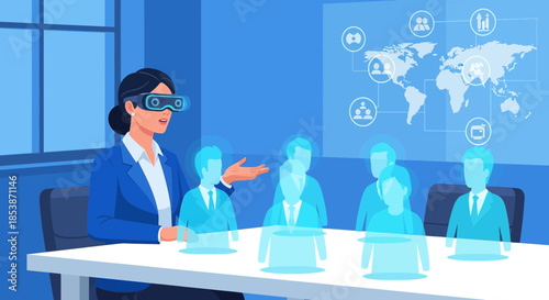 Futuristic collaboration: Businesswoman leads virtual team meeting using augmented reality