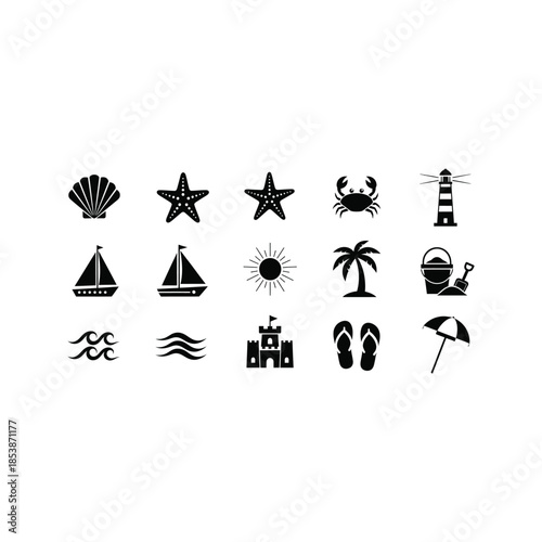 Black beach icons set including seashells, starfish, sailboats, palm trees, and more