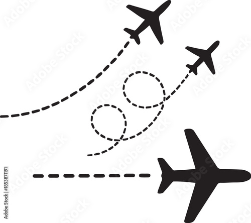 Airplane with dotted line route set silhouette, travel flight path icons for web and print.