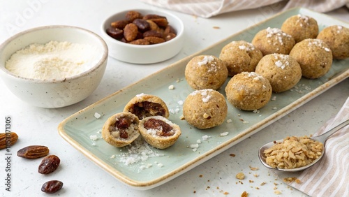 Coconut date balls on a plate with toppings and additional ingredients in a cozy kitchen setting