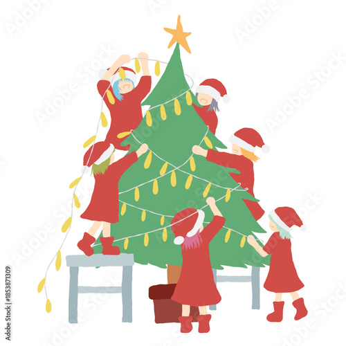 Flat Illustration of Children Elf Decorating Christmas Tree Together at Home