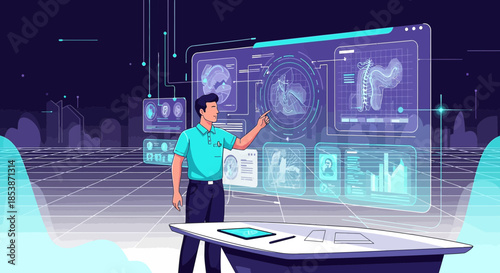 Futuristic medical interface with doctor analyzing body scans using augmented reality panels