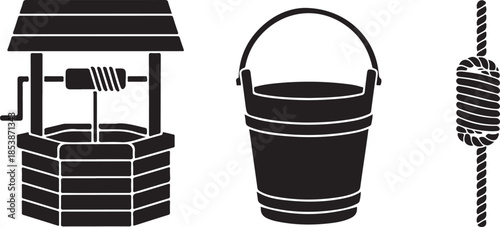 Traditional stone water well with wooden roof and bucket vector, representing rural heritage and historical water sources