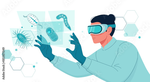 Futuristic medical researcher analyzing microorganisms in augmented reality for scientific