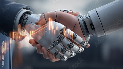 Digital Alliance: A symbolic handshake between human and robot, representing collaboration and technological advancement, overlaid with data visualizations.