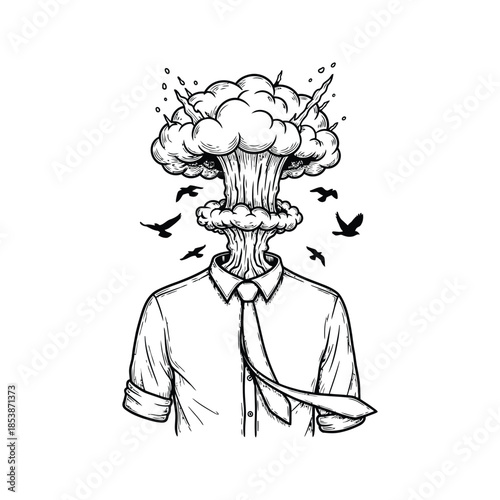 Businessman with explosive head and birds flying around