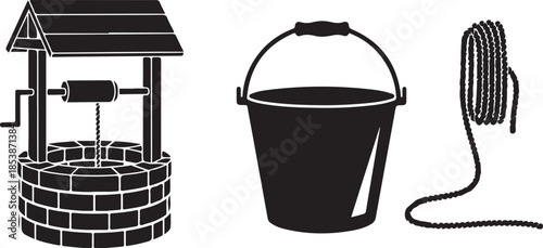 Traditional stone water well with wooden roof and bucket vector, representing rural heritage and historical water sources.