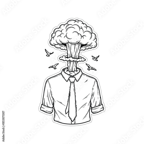 Businessman with explosive head and birds flying around