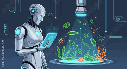 Futuristic robot examines microorganisms with augmented reality interface in laboratory environment
