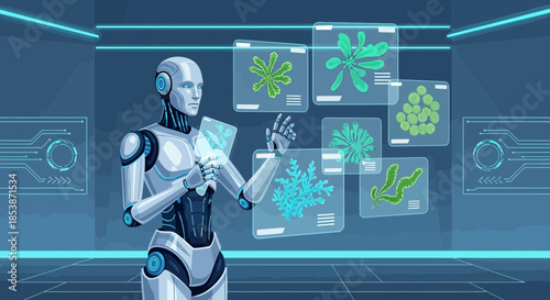 Futuristic robotic scientist examining plants data in a high-tech laboratory setting
