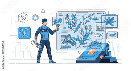 Futuristic scientist analyzing seaweed data in a virtual environment interface for marine research