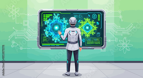 Futuristic scientist analyzing complex data on a digital interface screen in a laboratory