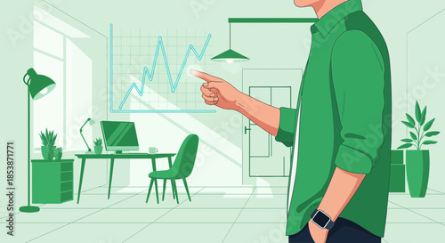Illustrated Businessman Analyzing Financial Growth Chart in Minimalist Workspace Setting
