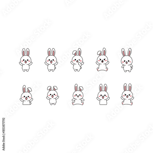 Cute cartoon rabbits with playful expressions and gestures