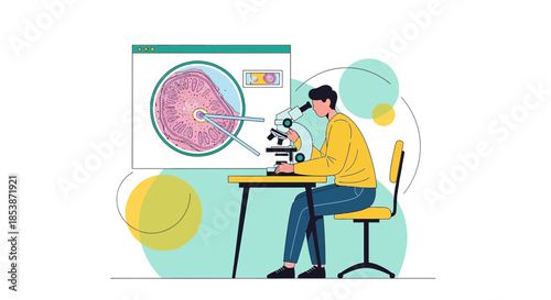 Illustration depicting a scientist examining tissue sample under a microscope in a lab setting